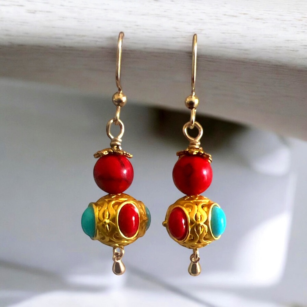 Golden Oasis Red & Turquoise Dangling Earrings